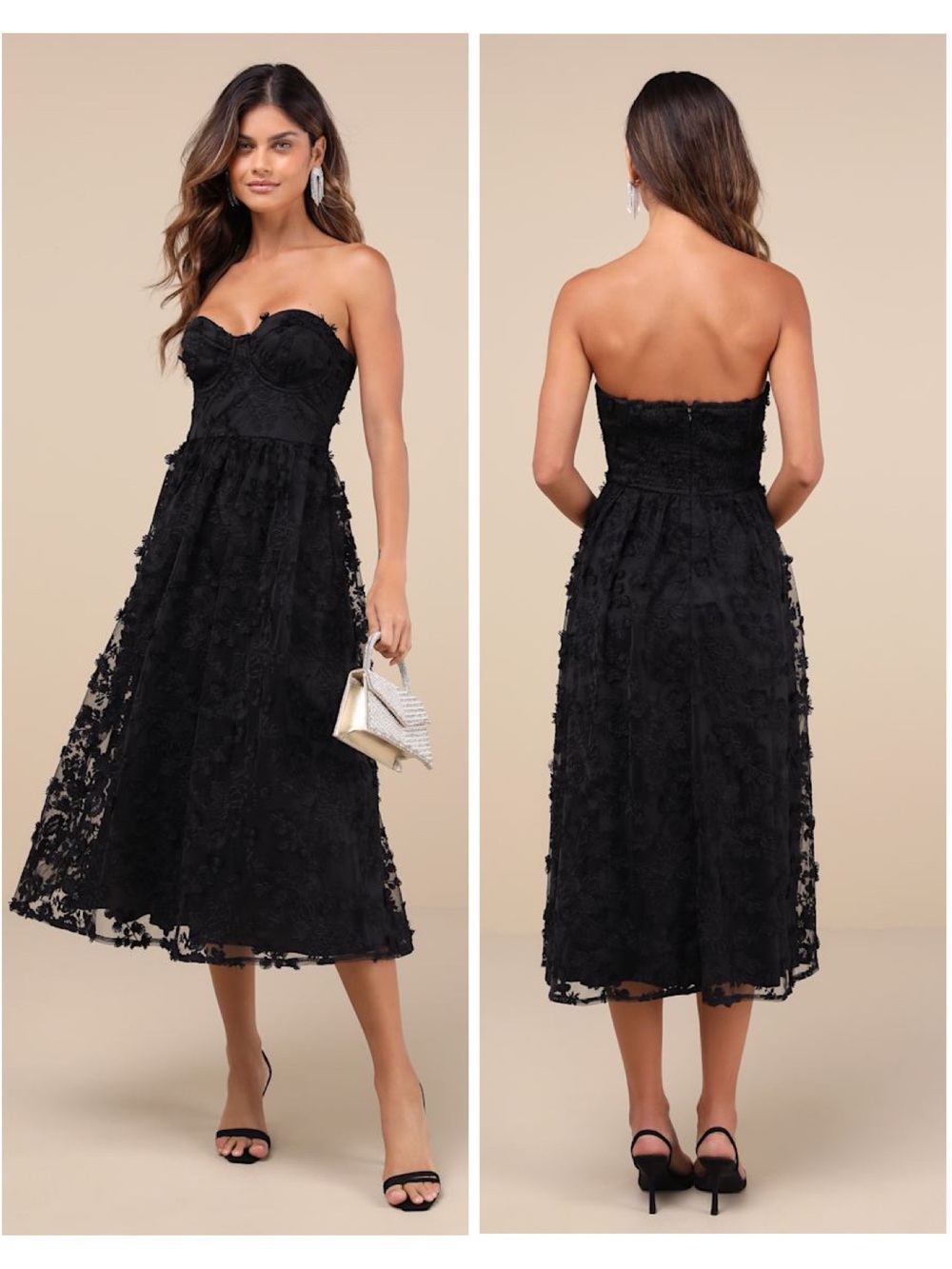 Lulus Quite Perfect Black Floral Embroidered Strapless Midi Dress Size Small NWT